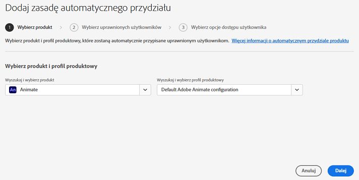 Ekran dodawania zasady automatycznego przydziału z wybranym produktem i profilem produktowym