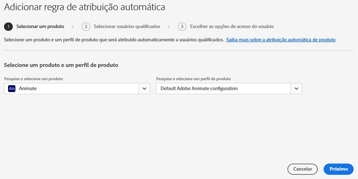 Tela Adicionar regra de atribuição automática com um produto e perfil de produto selecionado