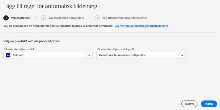 Skärmen Lägg till regel för automatisk tilldelning där en produkt och en produktprofil är vald