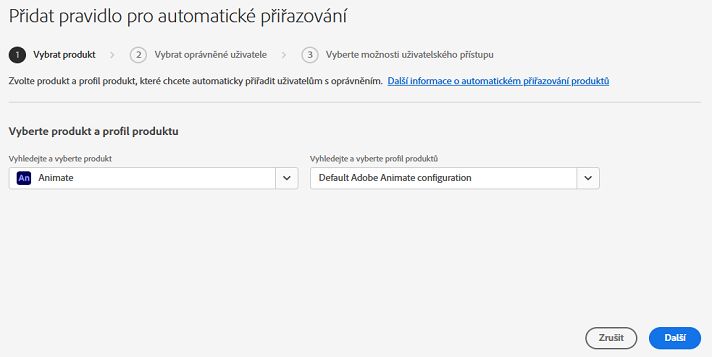 Obrazovka Přidat pravidlo pro automatické přiřazování s vybraným produktem a profilem produktu