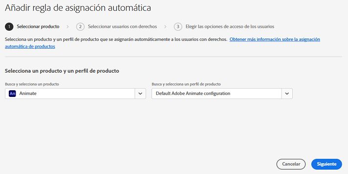 Pantalla para añadir reglas de asignación automática con un producto y un perfil de producto seleccionados