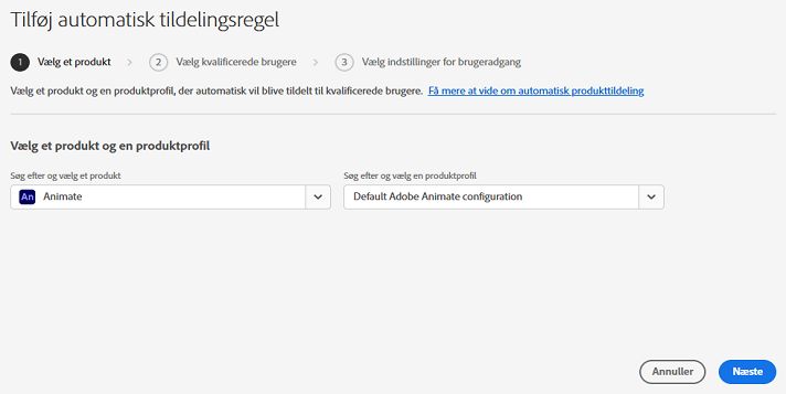 Skærmbilledet Tilføj automatisk tildelingsregel, hvor et produkt og en produktprofil er valgt