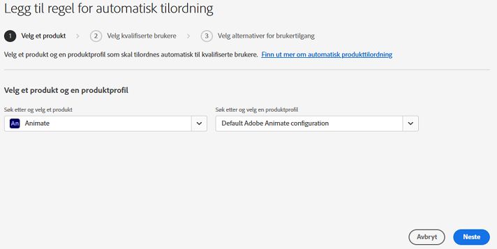 &quot;Legg til regel for automatisk tilordning&quot;-skjermbilde med produkt og produktprofil valgt