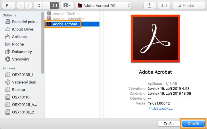 Vyberte aplikaci Acrobat k odinstalování