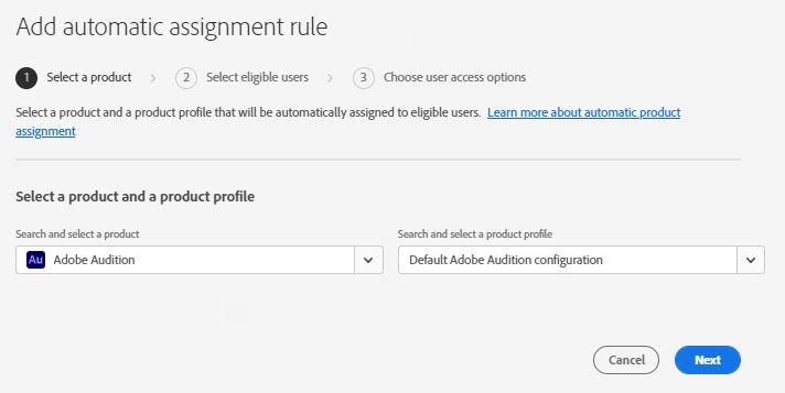 Add automatic assignment rule screen with a product and product profile selected