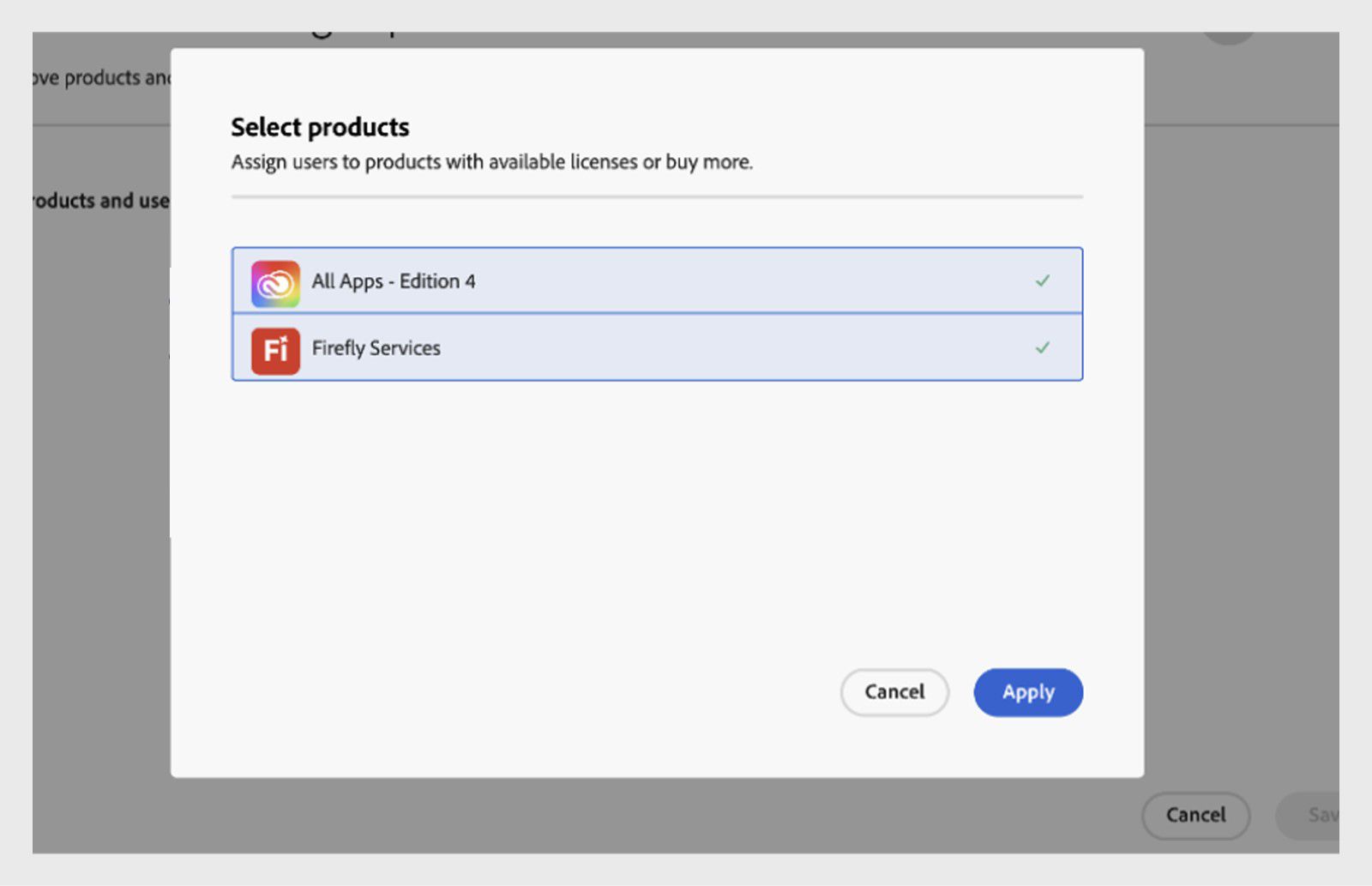 Page de sélection des produits avec l’option Firefly Services et une formule incluant un espace de stockage sélectionnées.