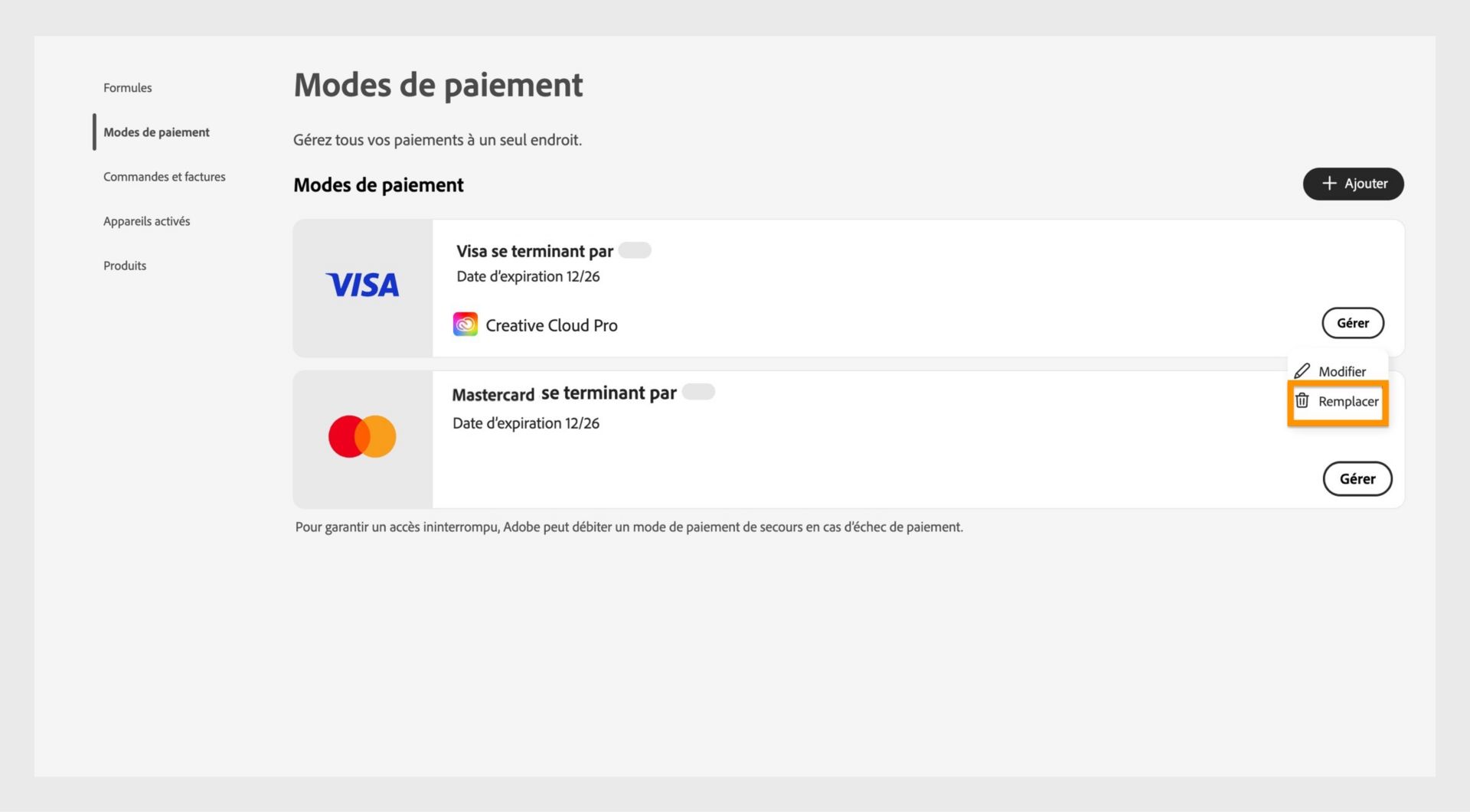 Le menu gérer le paiement s’ouvre lorsque vous sélectionnez Gérer dans la page Mode de paiement. Le menu offre la possibilité de remplacer le mode de paiement si un abonnement est lié à la méthode. 
