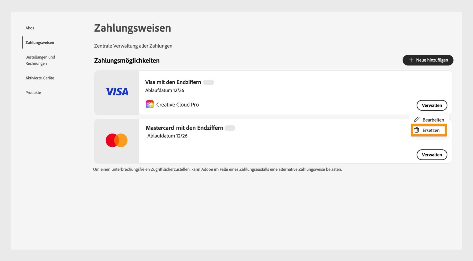 Das Menü zum Verwalten der Zahlung öffnet sich, wenn du auf der Seite Zahlungsmethode „Verwalten“ auswählst. Das Menü bietet die Option, die Zahlungsmethode zu ersetzen, wenn ein Abo mit der Methode verknüpft ist.