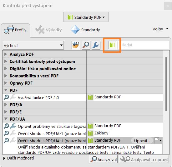 Možnost Prohledat všechny knihovny je zvýrazněná v dialogovém okně Kontrola před výstupem