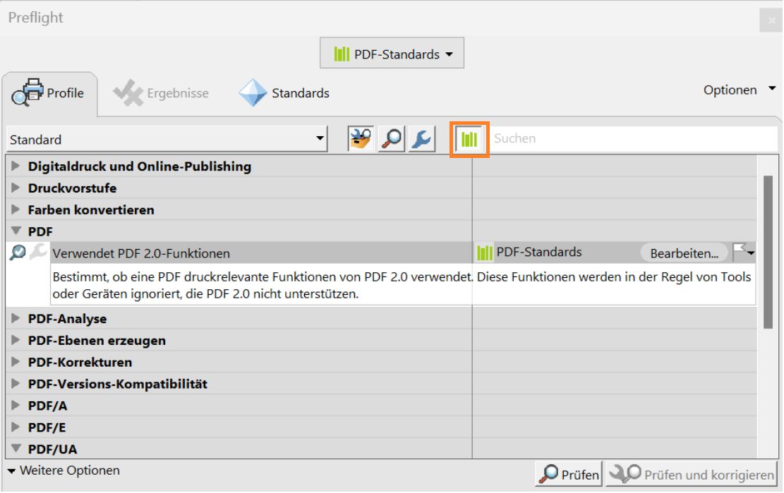 Option „Alle Bibliotheken durchsuchen“ ist im Dialogfeld „Preflight“ hervorgehoben.