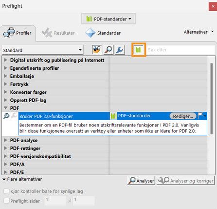 Alternativet Søk i alle biblioteker er uthevet i dialogboksen Preflight