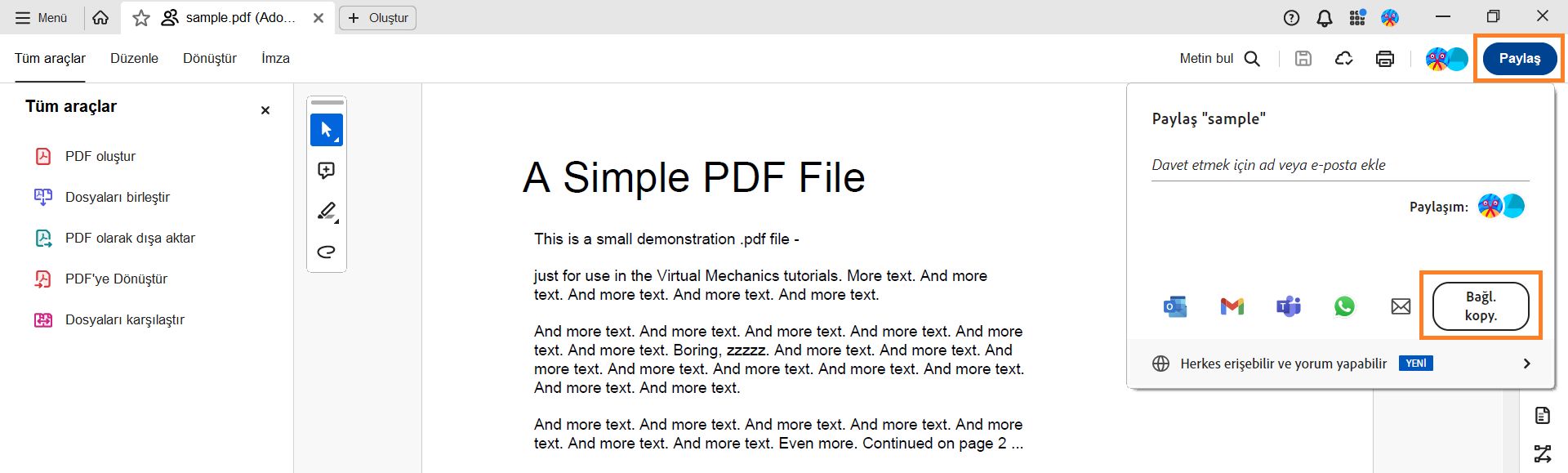 Bağlantıyı kopyalamak için paylaşım penceresinde Bağlantıyı kopyala'yı seçin. 
