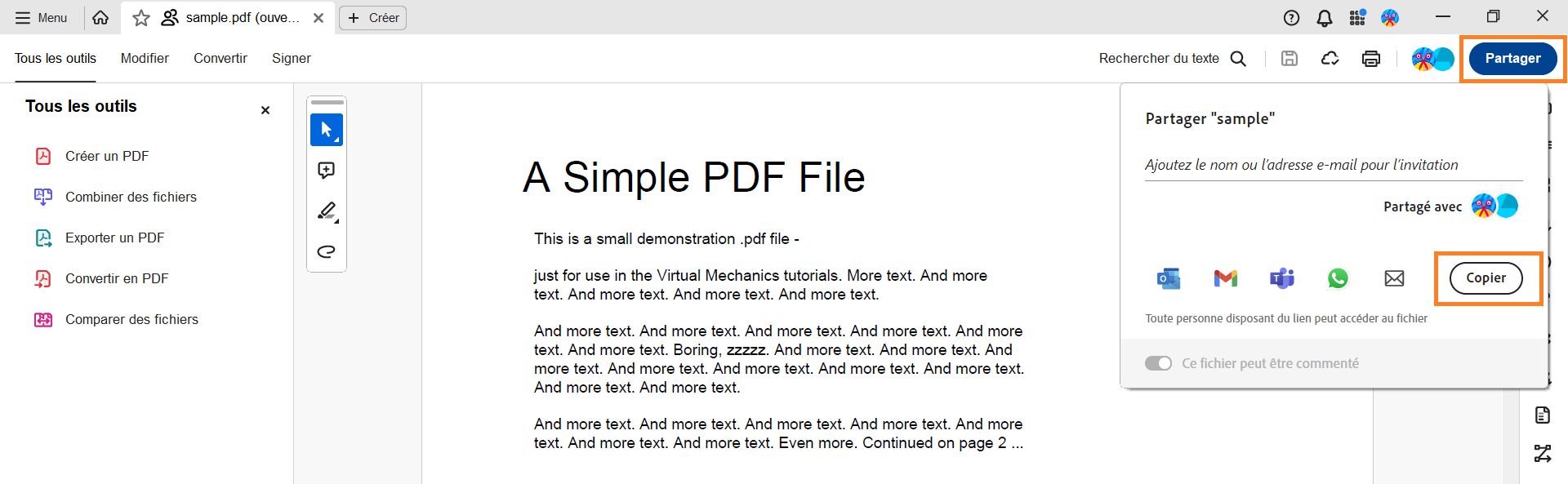 Sélectionnez Copier le lien dans la fenêtre Partager pour copier le lien. 