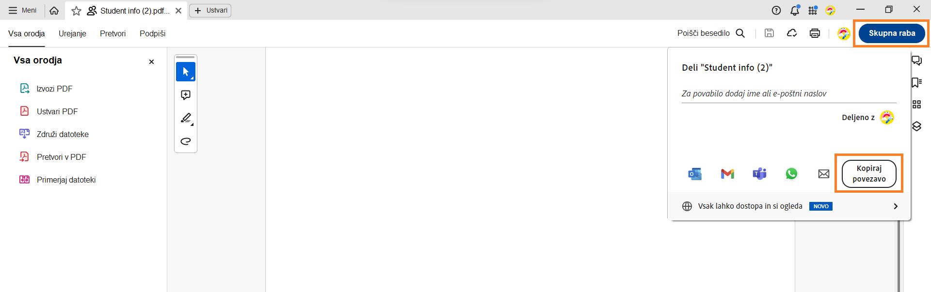 Če želite kopirati povezavo, v oknu za deljenje izberite možnost Kopiraj povezavo. 