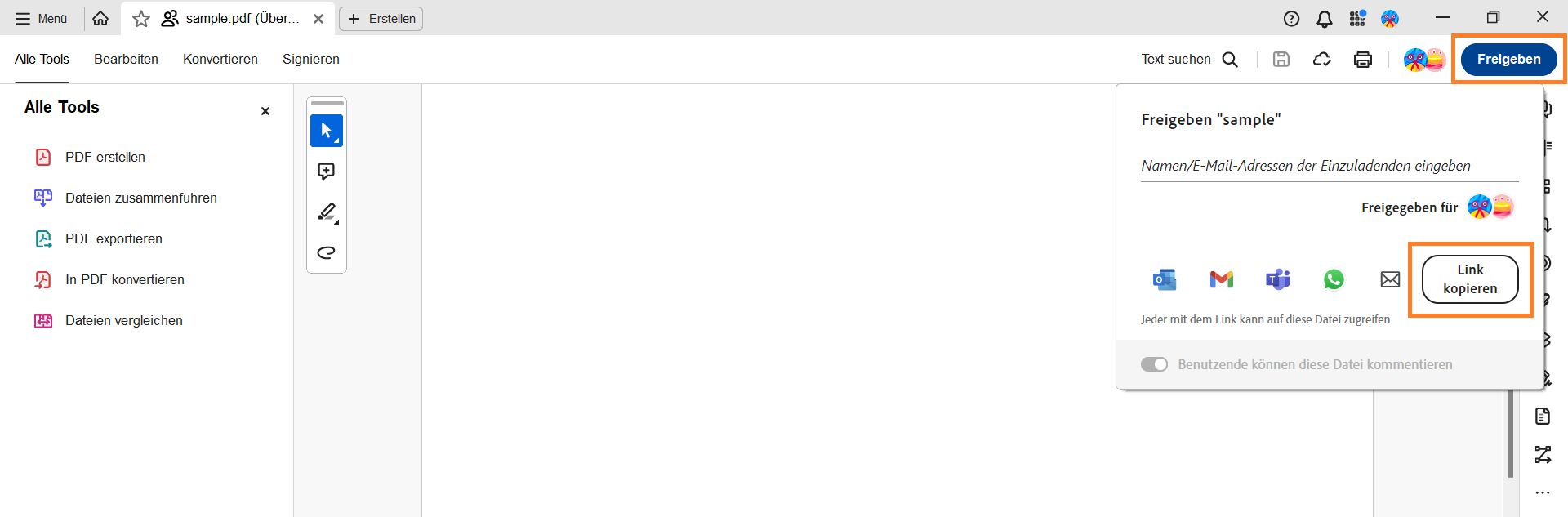 Klicke im Freigabefenster auf „Link kopieren“, um einen Freigabe-Link zu erstellen. 