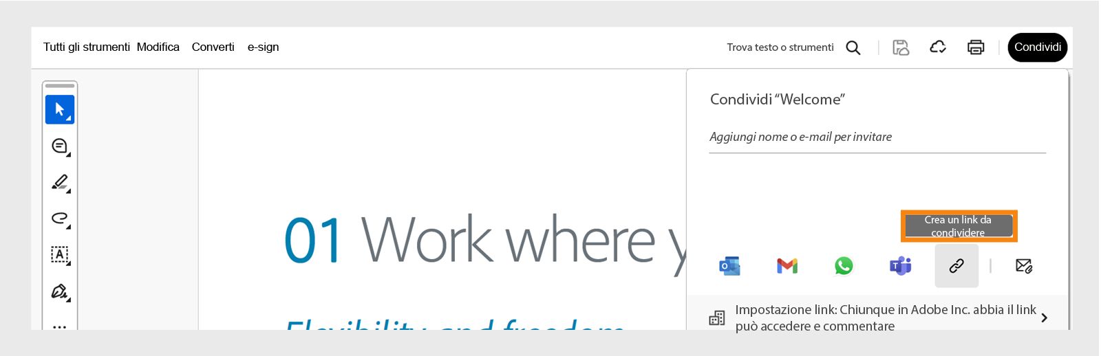  Seleziona Copia link nella finestra di condivisione per copiare il link. 