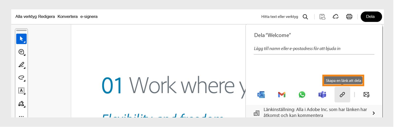  Välj Kopiera länk i delningsfönstret för att kopiera länken. 