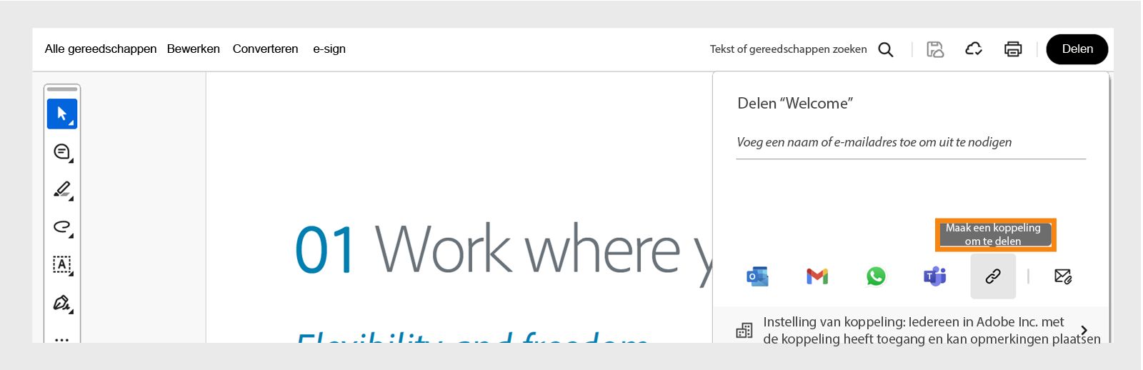  Selecteer Koppeling kopiëren in het venster voor delen om de koppeling te kopiëren. 