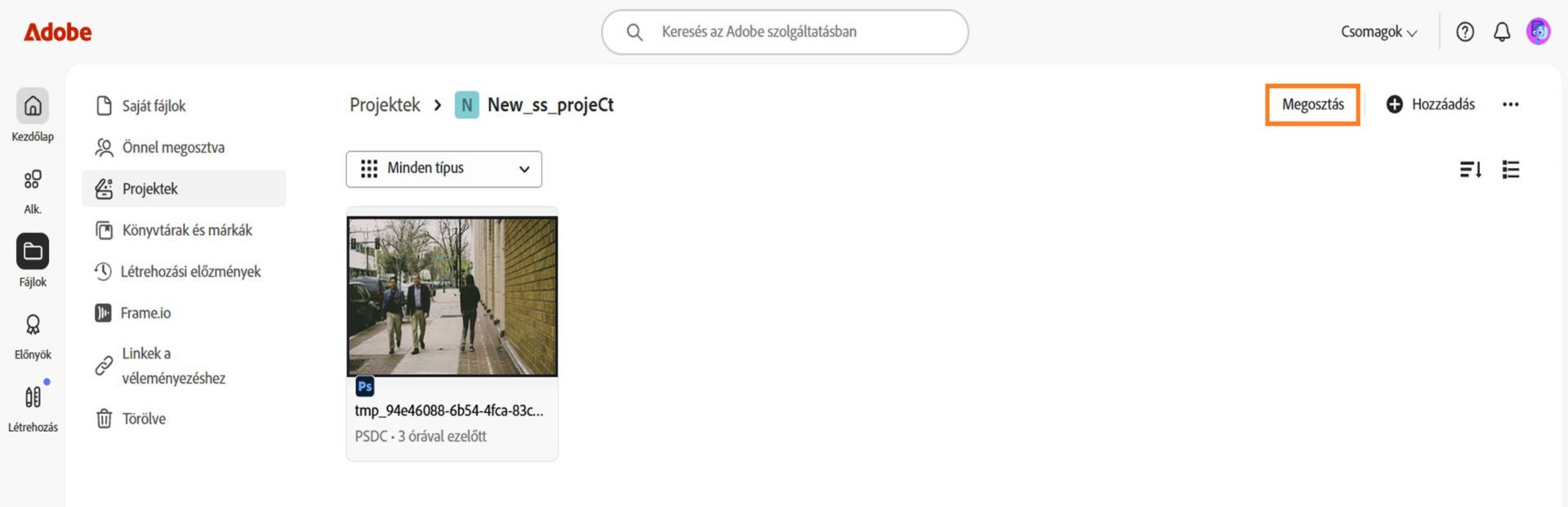 A Megosztás gomb, amely a projekt screens jobb felső sarkában található, lehetővé teszi, hogy megossza projektjét a collaboration partnerekkel. 