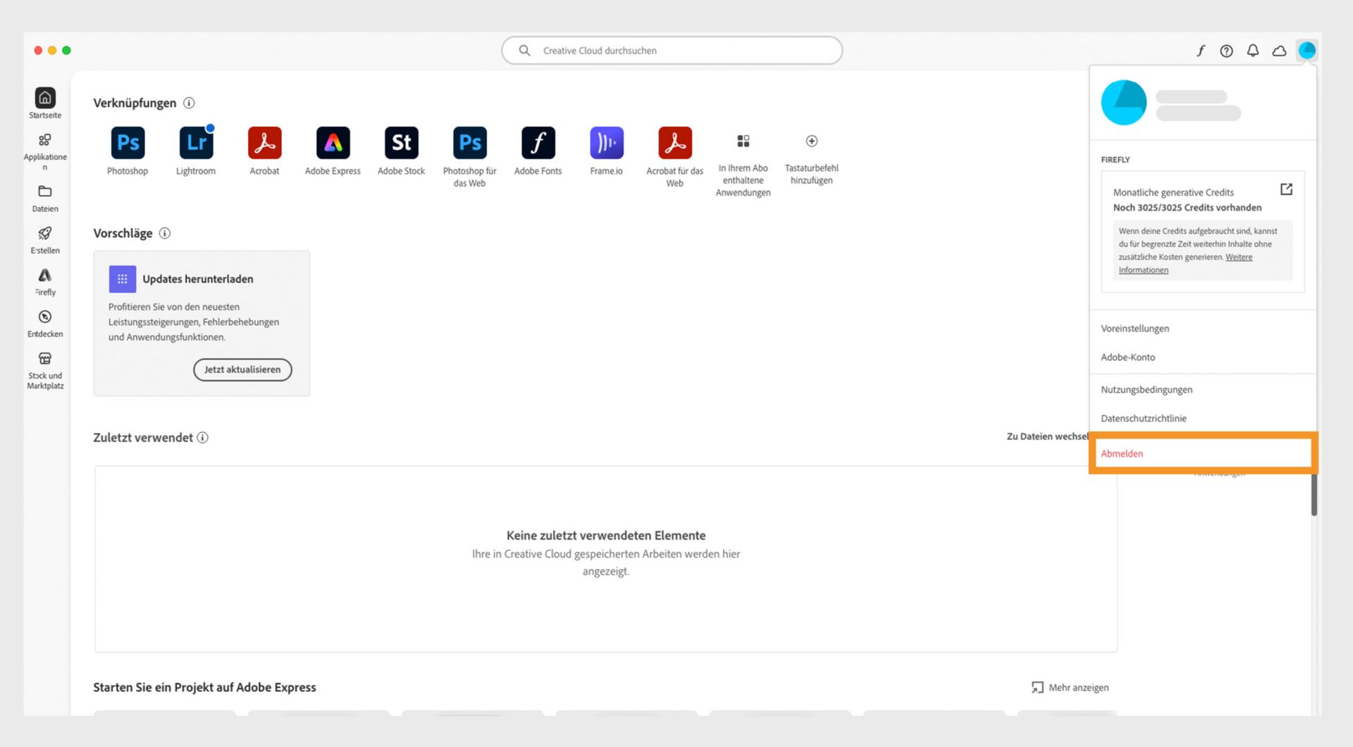 Das Kontomenü mit Optionen wie Einstellungen, Abmelden und monatliche Generier-Credits für Funktionen der generativen KI. 