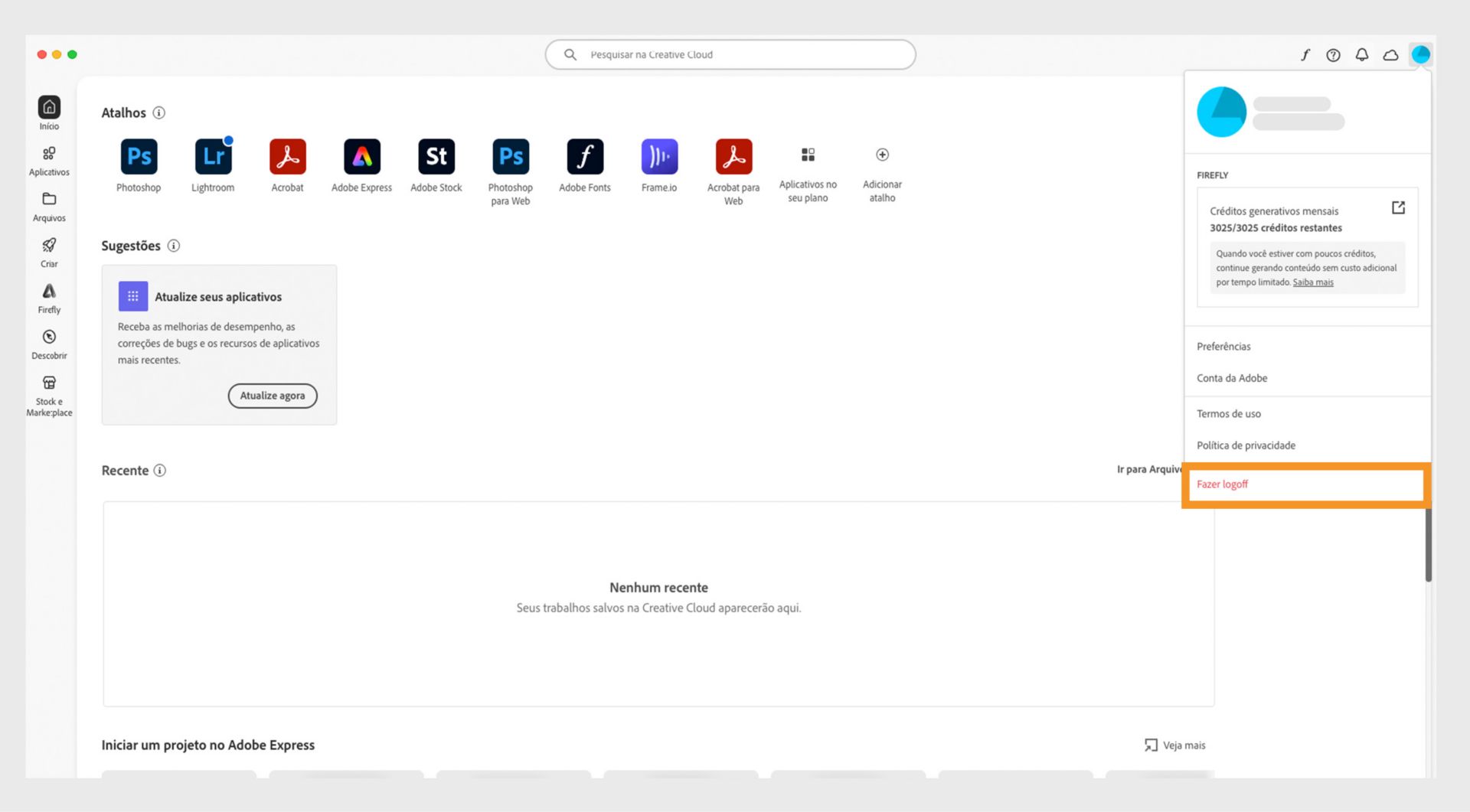 O menu Conta mostra opções como Preferências, Fazer logoff e os créditos generativos mensais para recursos de IA generativa. 
