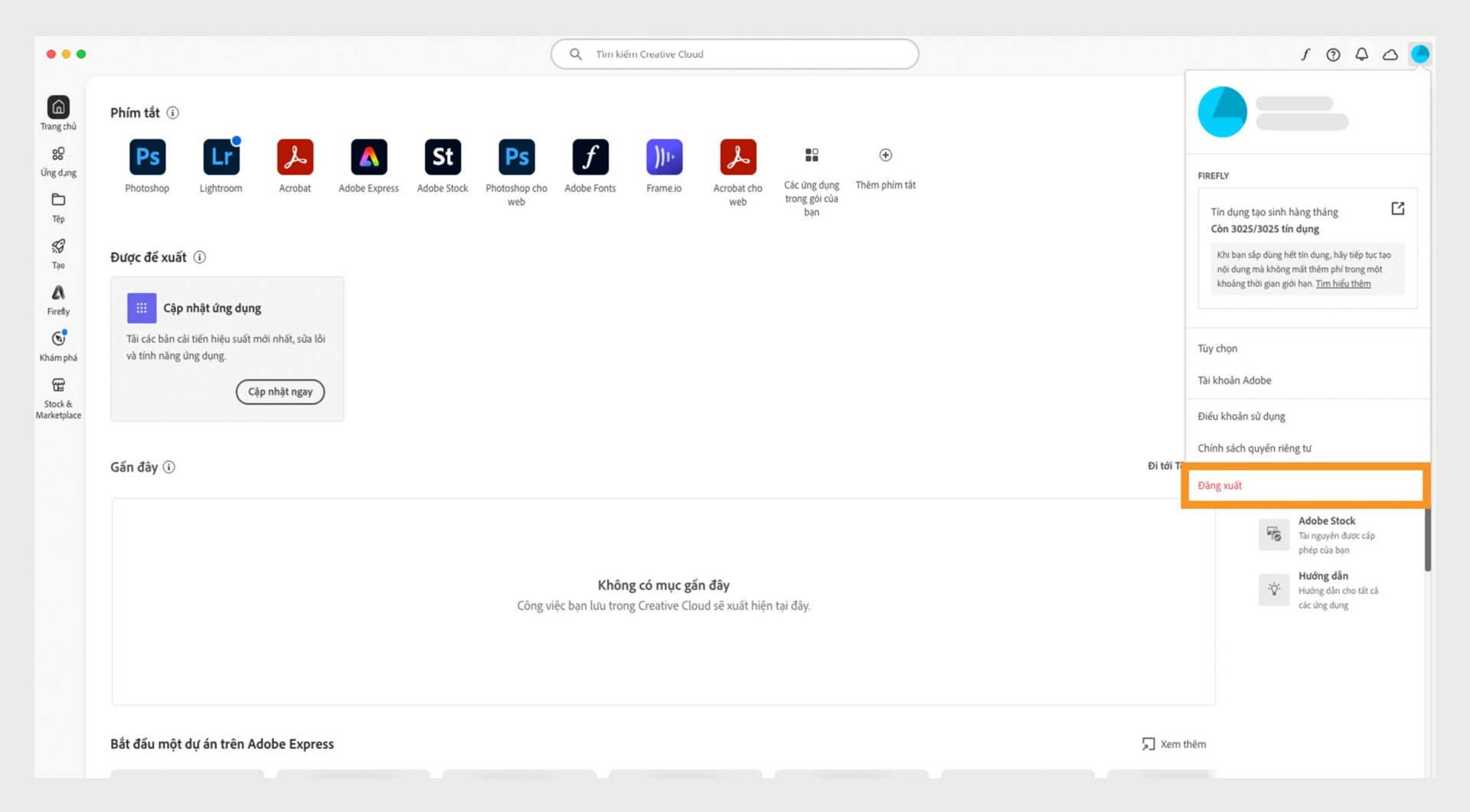 Menu Tài khoản hiển thị các tùy chọn như Tùy chọn, Đăng xuất và tín dụng tạo sinh hàng tháng cho các tính năng AI tạo sinh. 