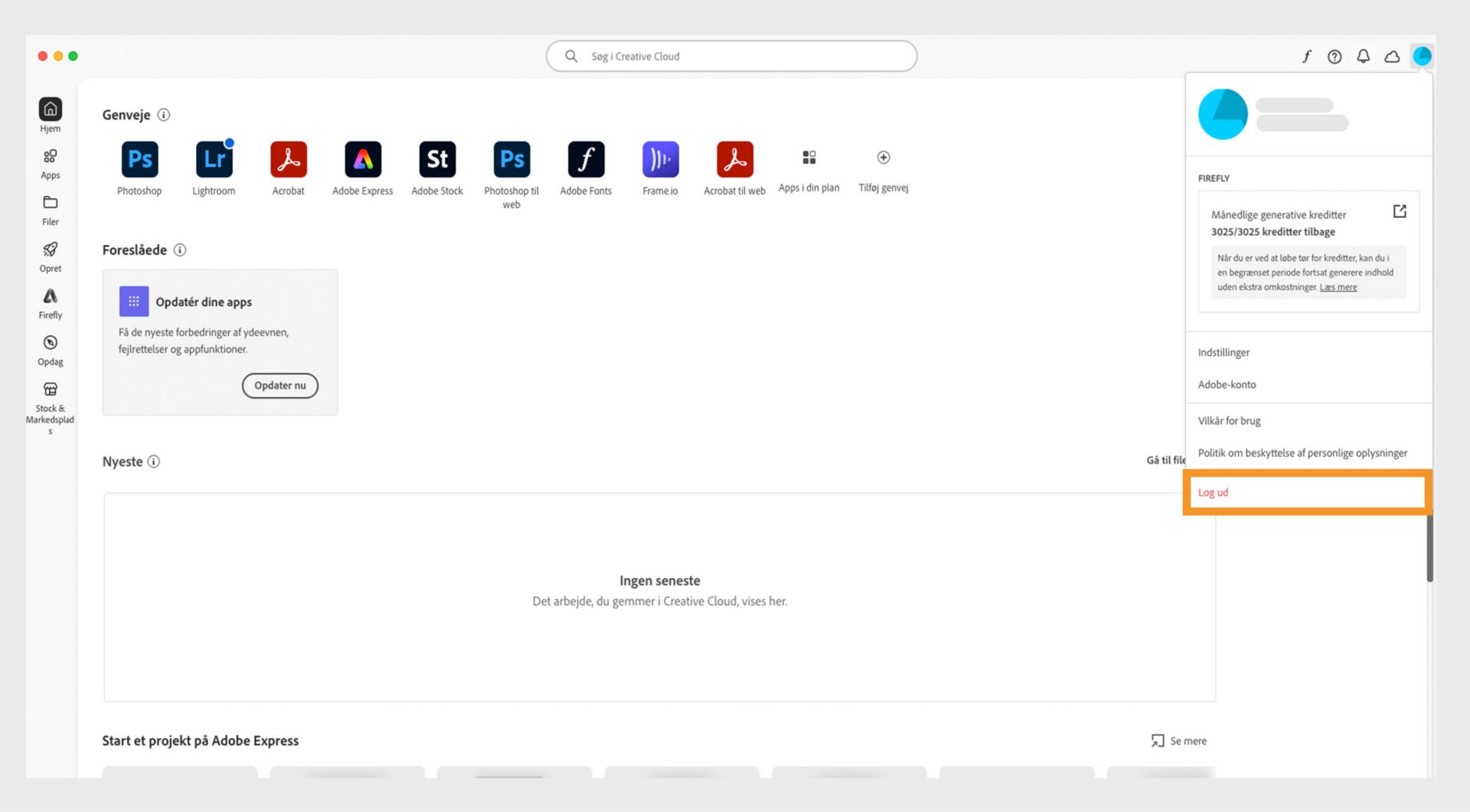 Menuen Konto indeholder indstillinger som Præferencer og Log ud, og den visser også, hvor mange generative kreditter til generativ AI-funktioner du har tilbage i denne måned. 