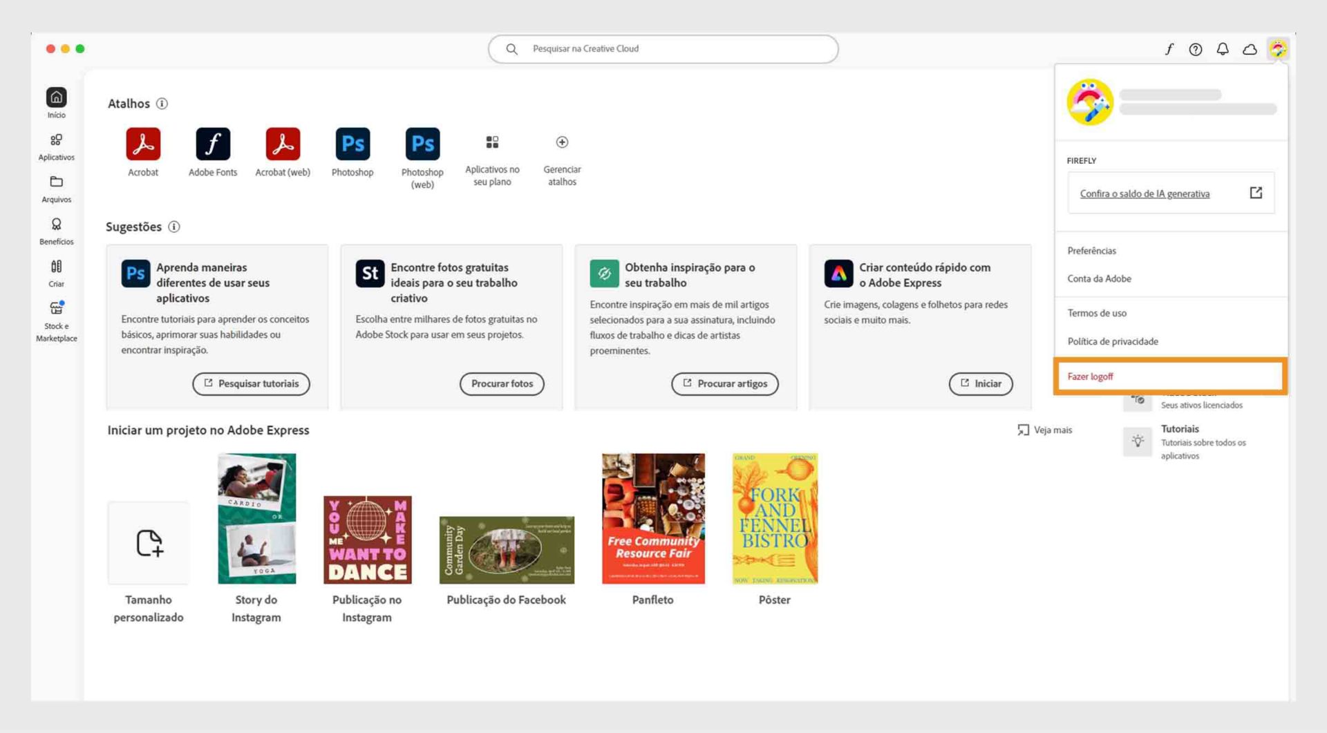 O ícone do menu Conta disponível no canto superior direito do aplicativo de desktop da Creative Cloud oferece a opção de fazer logoff.