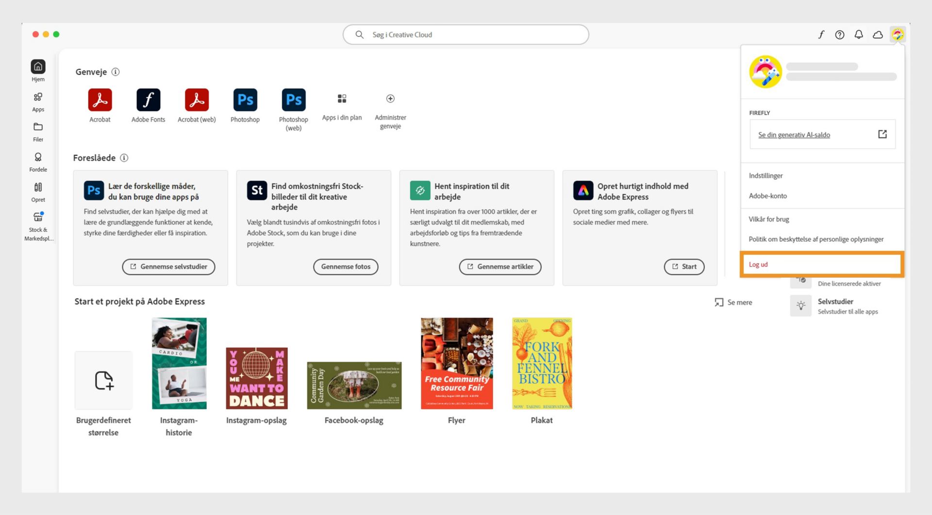 Du kan bruge ikonet med kontomenuen i øverste højre hjørne af Creative Cloud-computerappen til at logge ud.