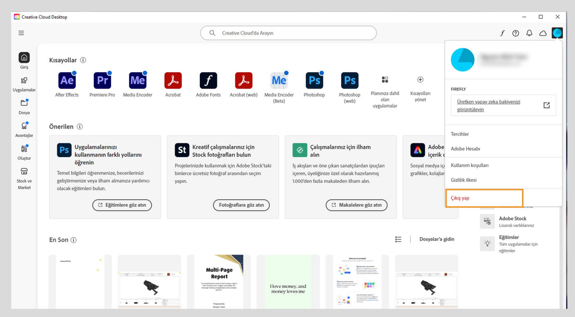 Creative Cloud masaüstü uygulamasının giriş ekranında, Çıkış yap seçeneğiyle birlikte Hesap açılır menüsü görüntülenir. 