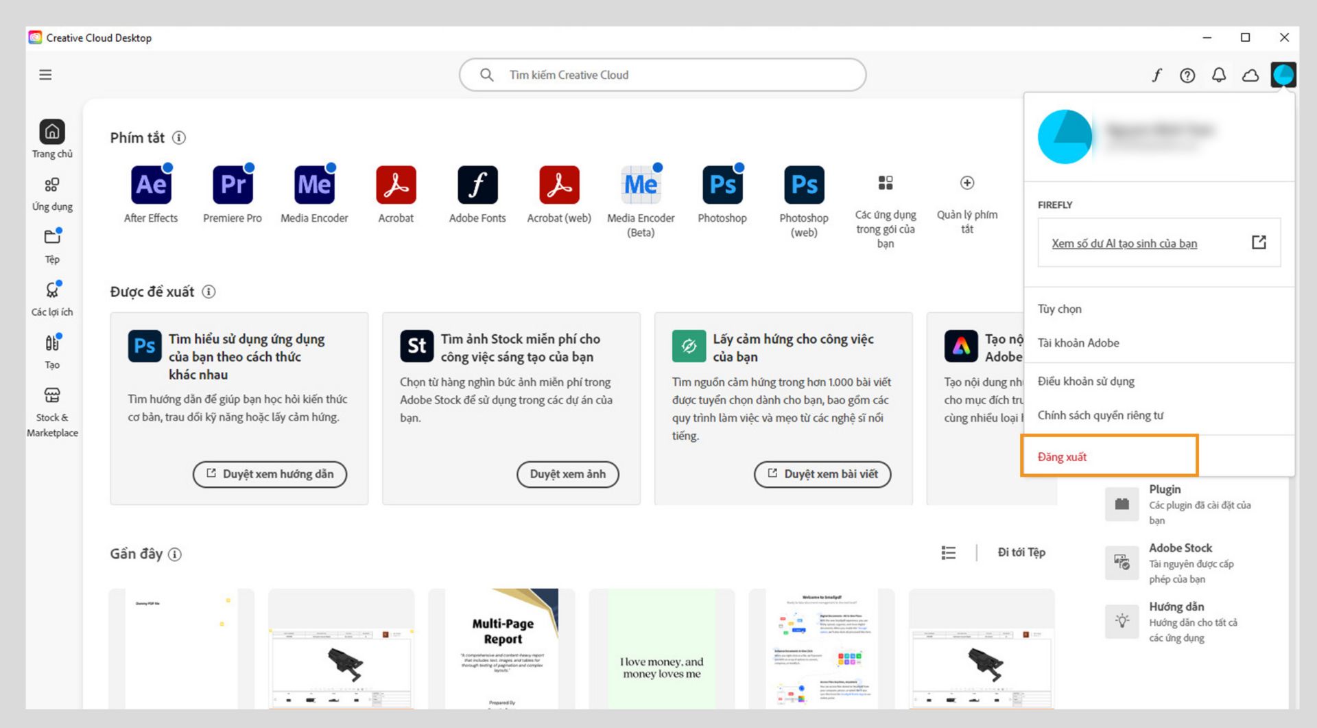 Màn hình chính của ứng dụng Creative Cloud cho máy tính để bàn hiển thị menu thả xuống Tài khoản với tùy chọn Đăng xuất. 