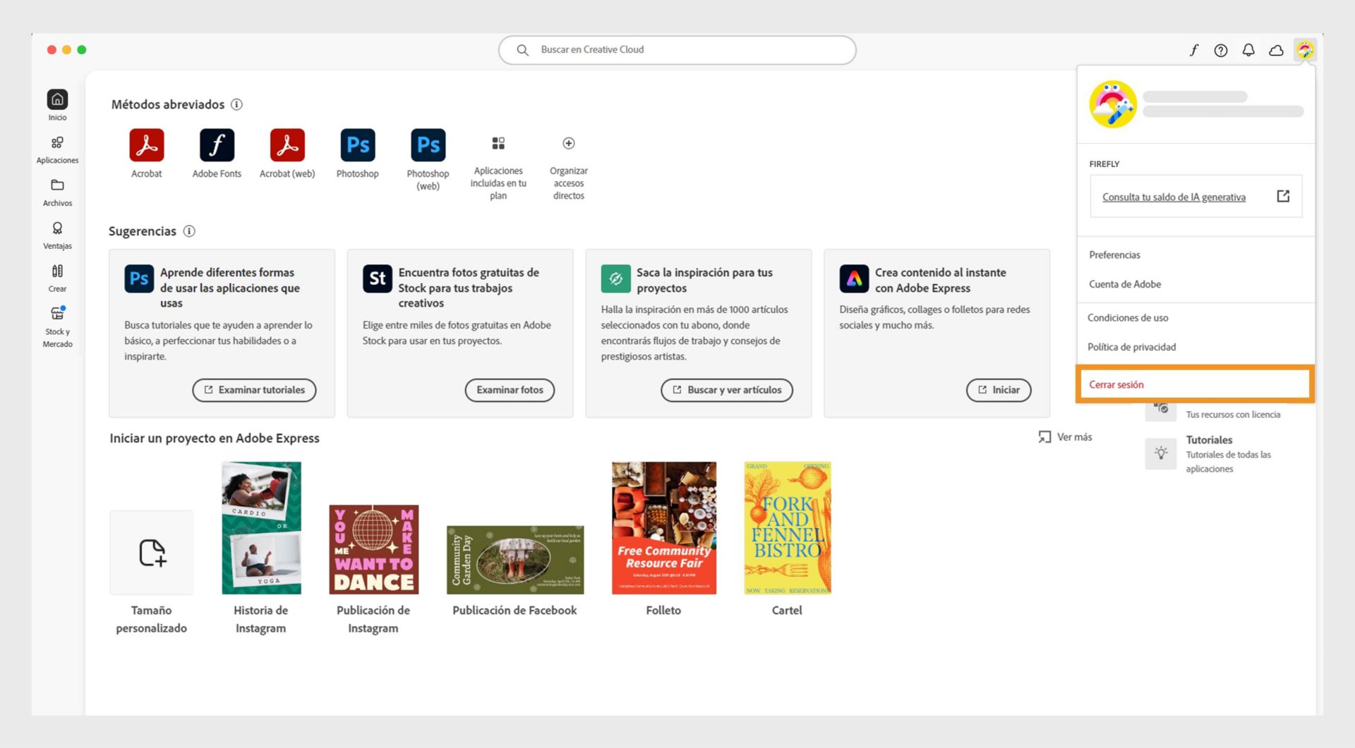 El botón del menú Cuenta disponible en la esquina superior derecha proporciona la opción de cerrar sesión en la aplicación de Creative Cloud.