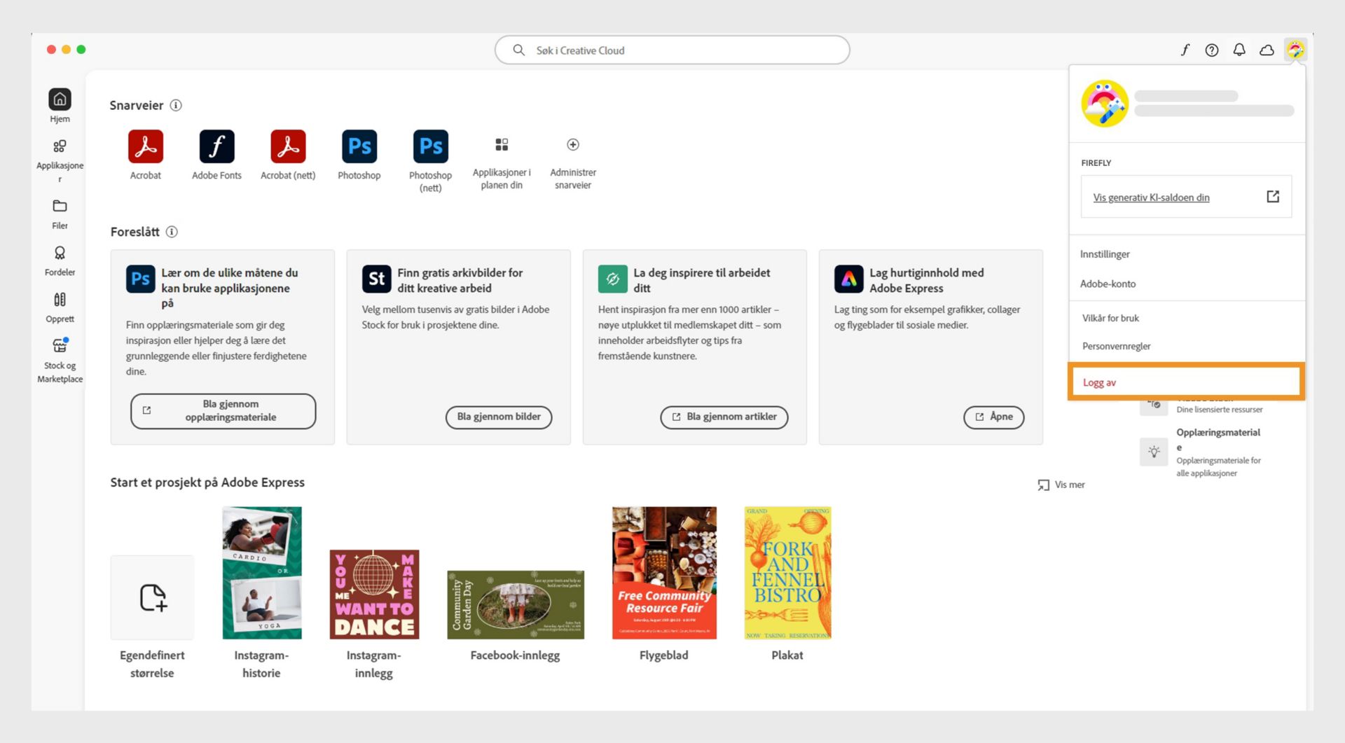 Kontoknappen som er tilgjengelig øverst til høyre gir deg muligheten til å logge av Creative Cloud-appen.