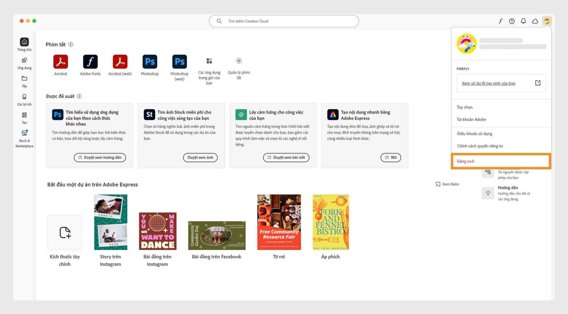 Nút menu Tài khoản ở góc trên cùng bên phải cung cấp tùy chọn đăng xuất khỏi ứng dụng Creative Cloud cho máy tính để bàn.