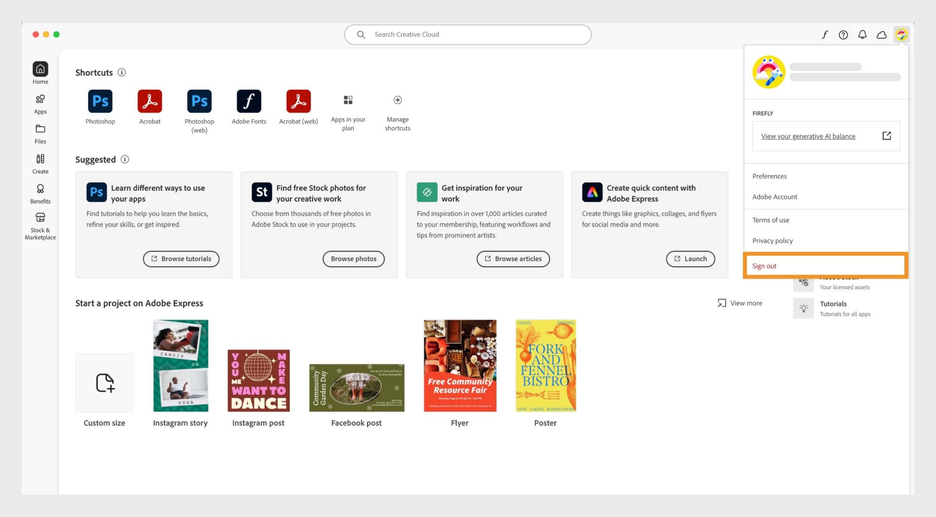 The Creative Cloud desktop app home screen displays the Account drop-down menu with the option to Sign out. 