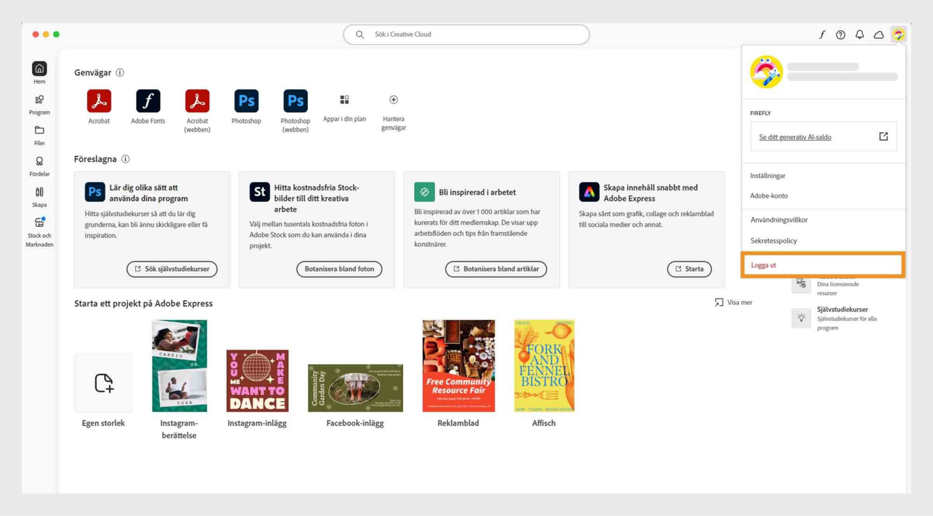 Ikonen för kontomenyn som finns i det övre högra hörnet av Creative Cloud-program ger möjlighet att logga ut.