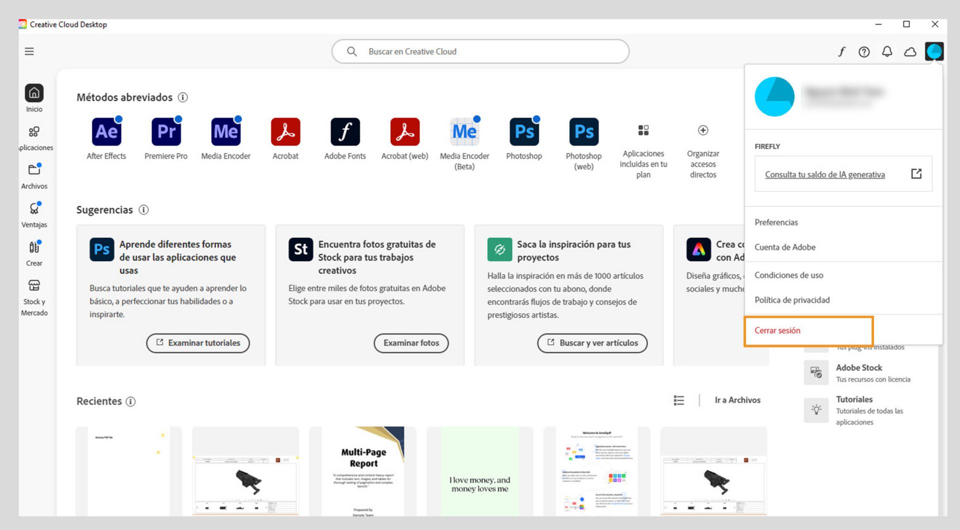 La pantalla de inicio de la aplicación de Creative Cloud muestra el menú desplegable Cuenta con la opción para Cerrar sesión. 