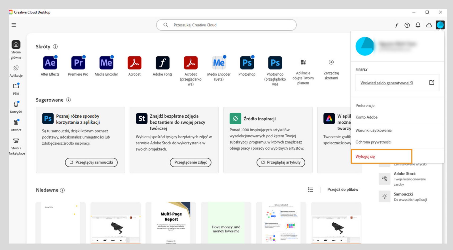 Ekran główny aplikacji Creative Cloud Desktop wyświetla menu rozwijane Konto z opcją Wyloguj się. 