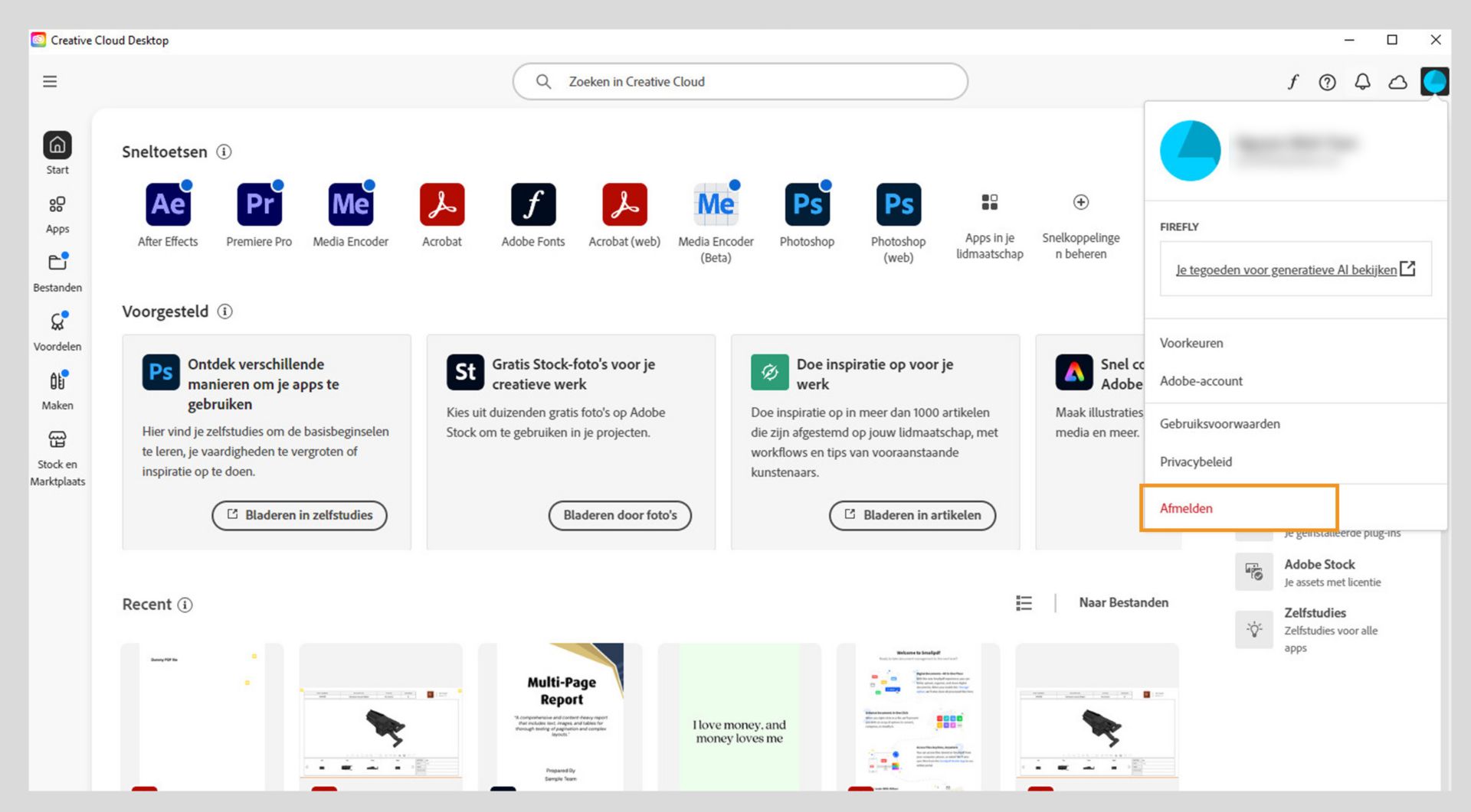 Het startscherm van de Creative Cloud desktop-applicatie toont het vervolgkeuzemenu Account met de optie om af te melden. 