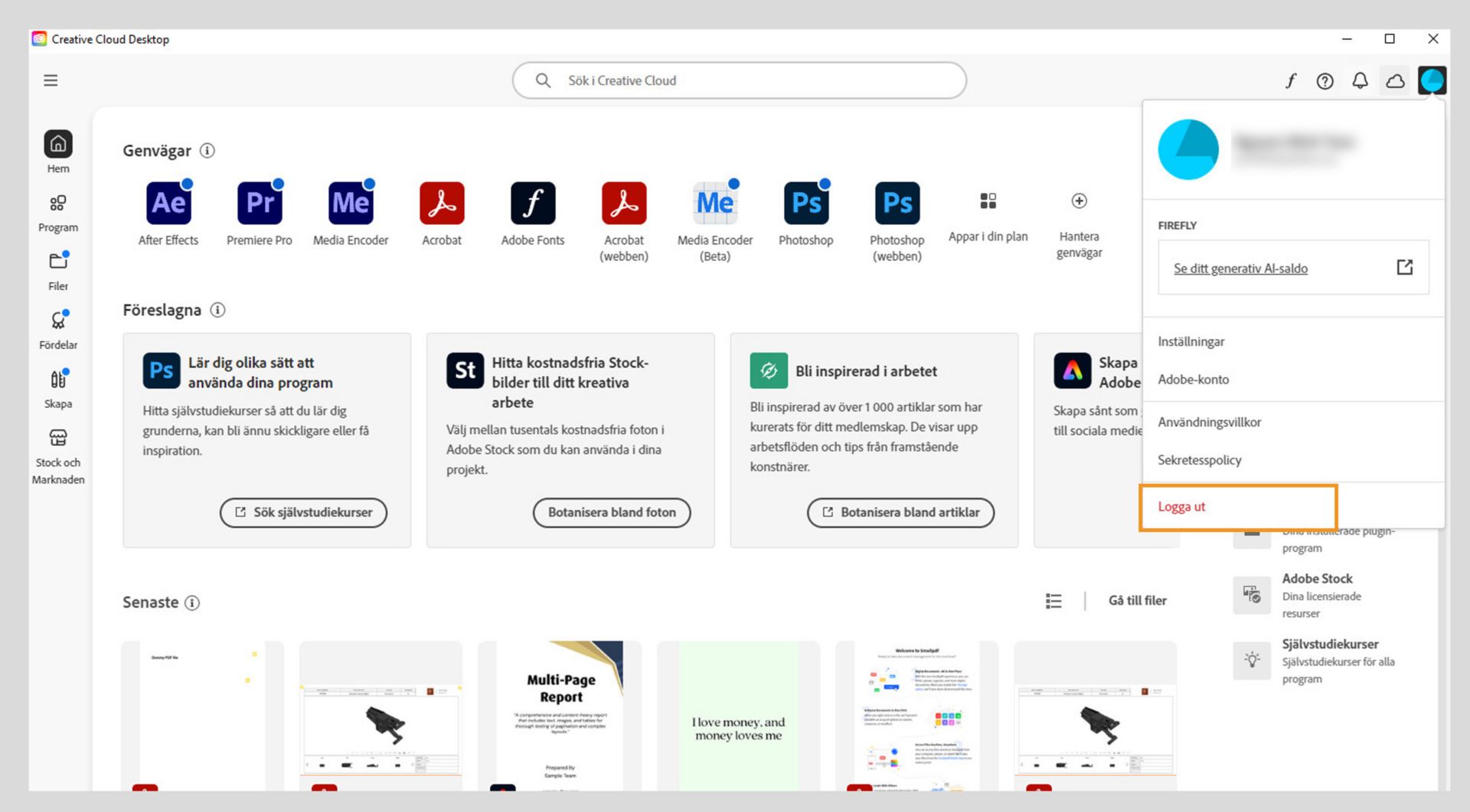 Startskärmen för Creative Cloud-programmet visar kontots rullgardinsmeny med alternativet att Logga ut. 