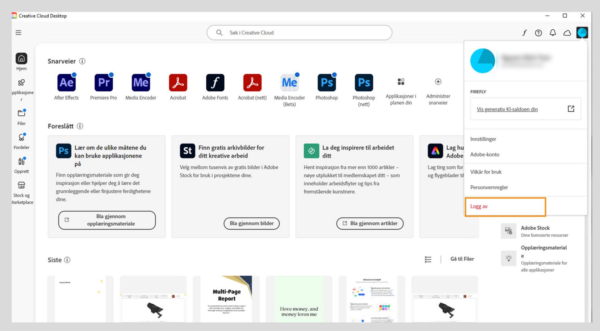Startskjermen i Creative Cloud-appen viser nedtrekksmenyen for konto med alternativet for å Logg av. 
