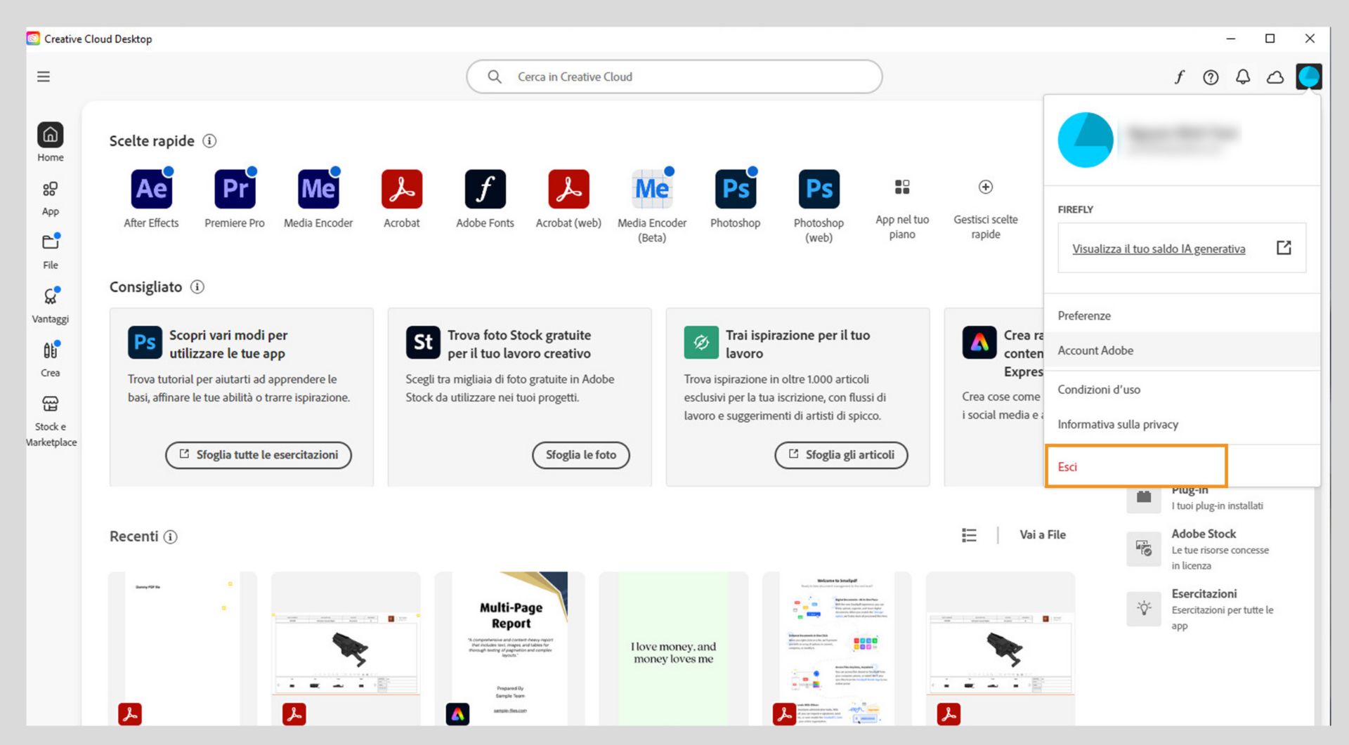 La schermata principale dell'app Creative Cloud mostra il menu a discesa Account con l'opzione per Esci. 