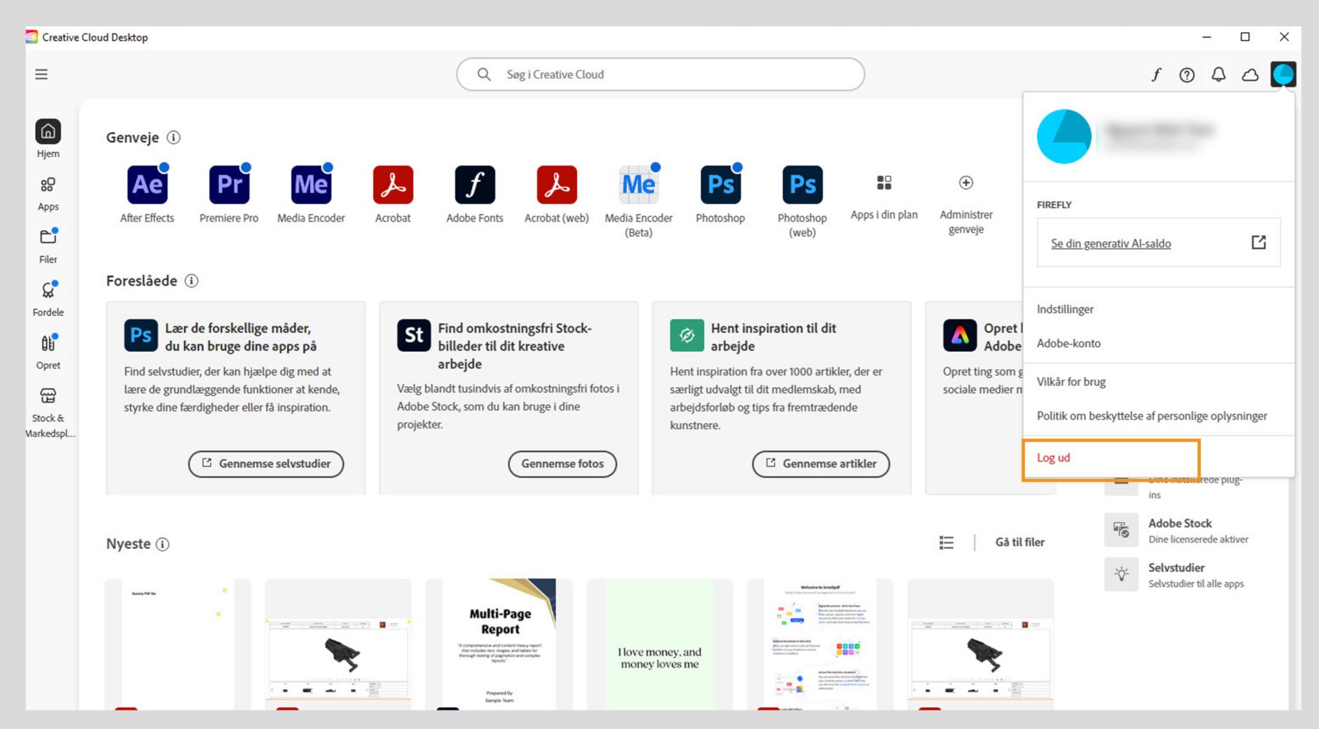 På startskærmen for Creative Cloud-computerappen vises Konto-rullemenuen med muligheden for at logge ud. 