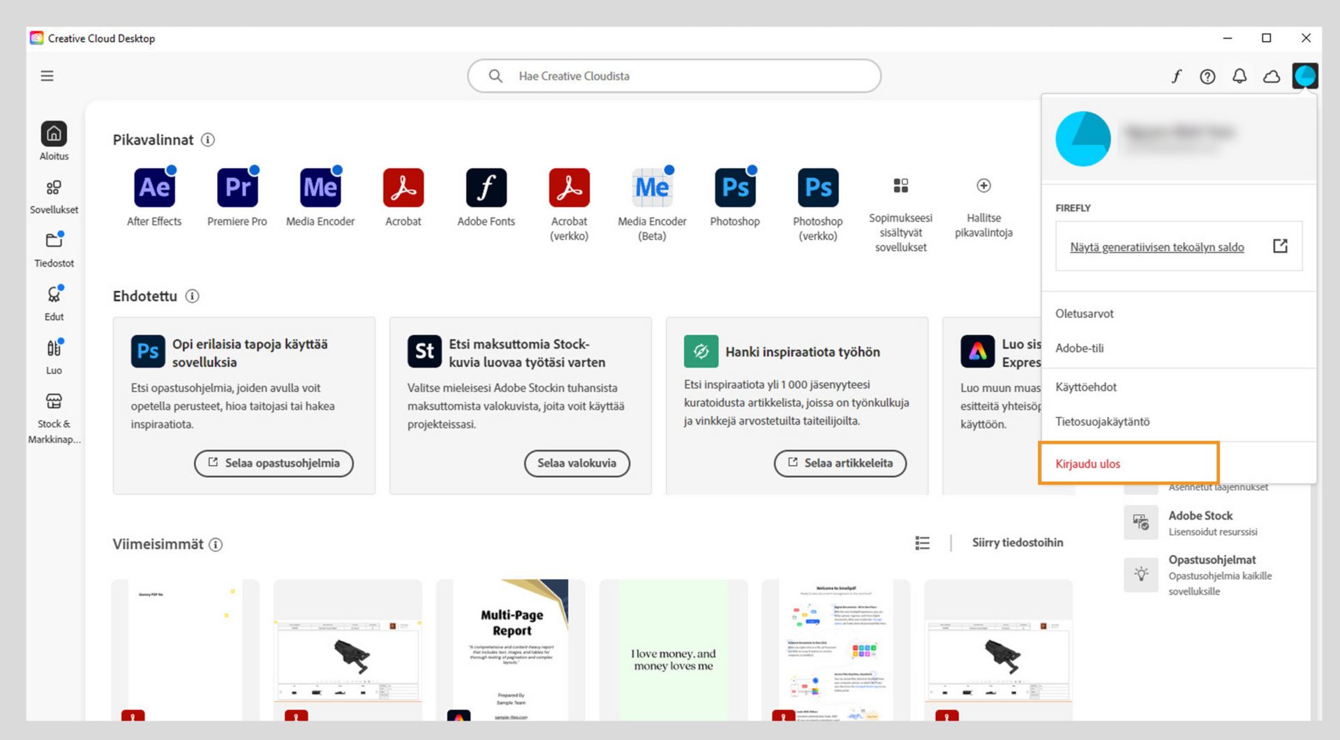 Creative Cloud -tietokonesovelluksen aloitusnäytössä näkyy avattava Tili-valikko ja Kirjaudu ulos -vaihtoehto. 