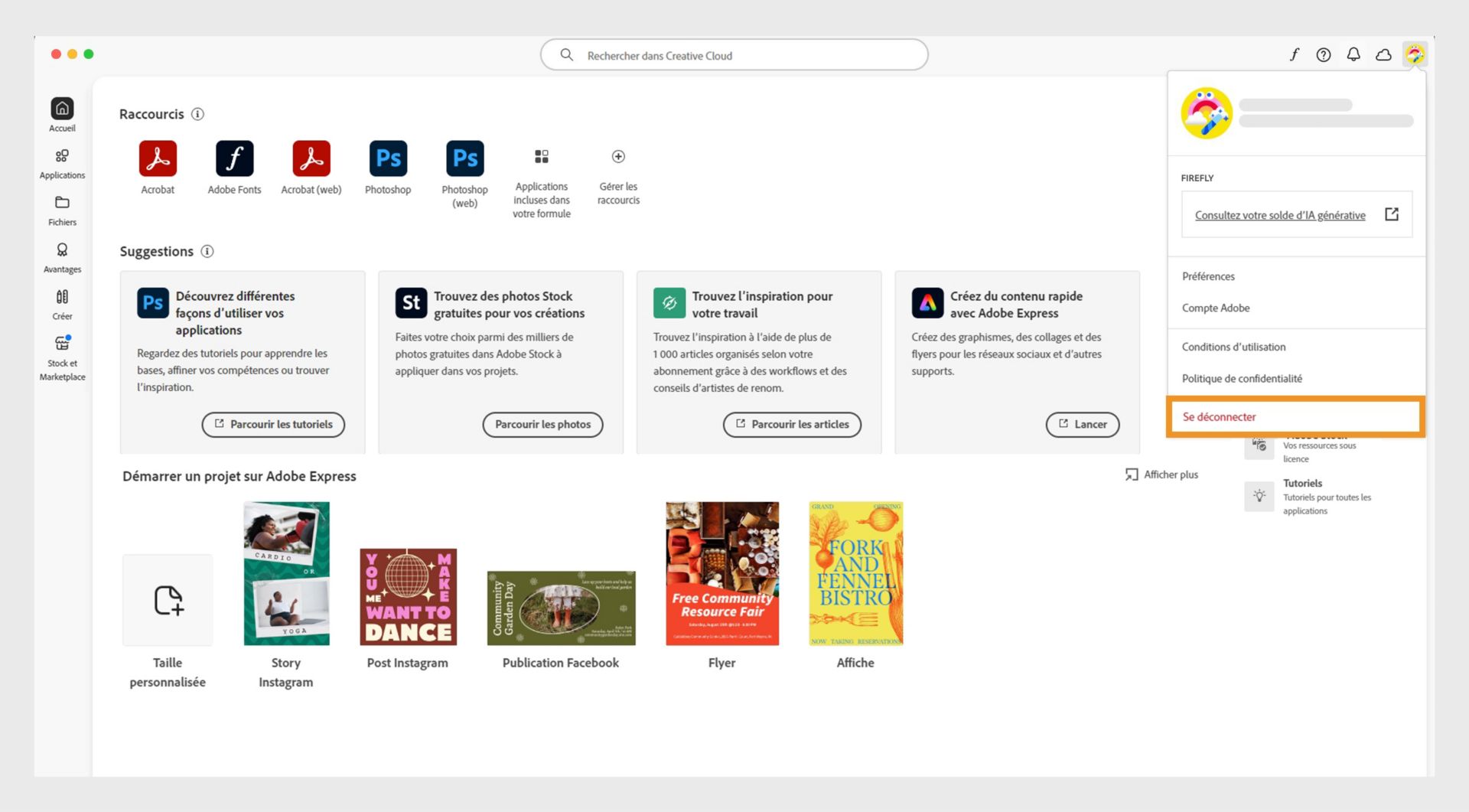 Le bouton de menu Compte disponible dans le coin supérieur droit propose une option pour vous déconnecter de votre application de bureau Creative Cloud.