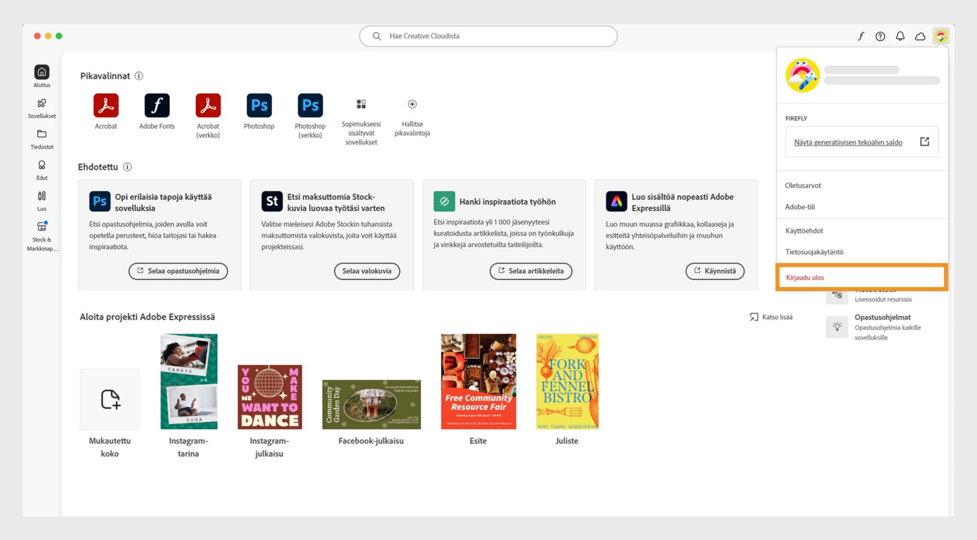 Oikeassa yläkulmassa oleva Tili-valikkopainike tarjoaa mahdollisuuden kirjautua ulos Creative Cloud -tietokonesovelluksesta.