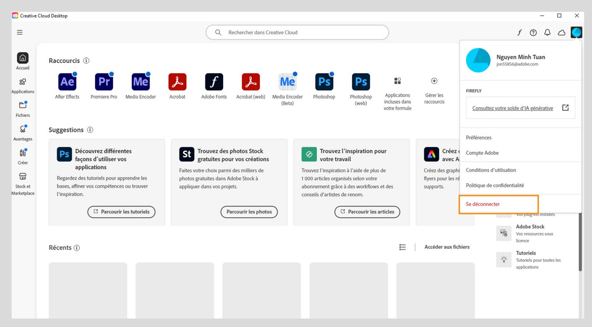 L’écran d’accueil de l’application de bureau Creative Cloud affiche le menu déroulant Compte avec l’option Se déconnecter. 