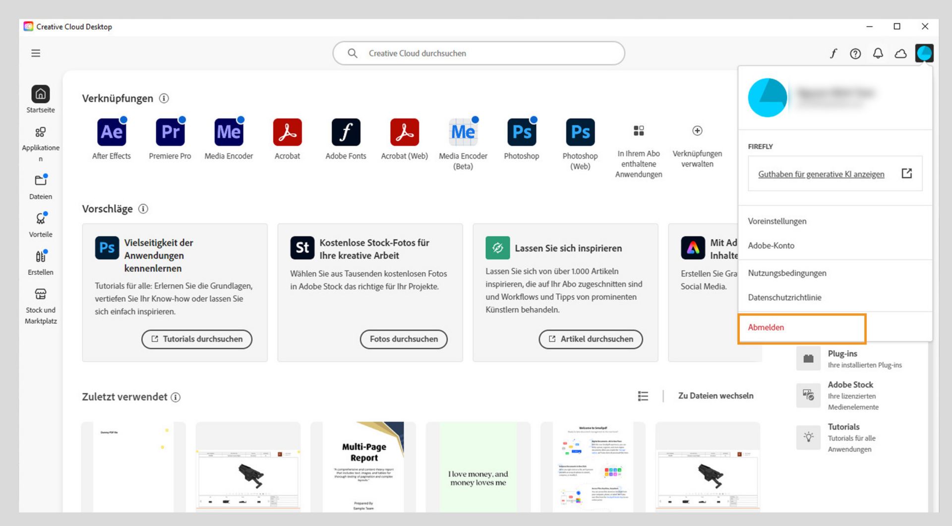 Auf dem Startbildschirm des Creative Cloud-Clients wird das Dropdown-Menü „Konto“ mit der Option „Abmelden“ angezeigt. 