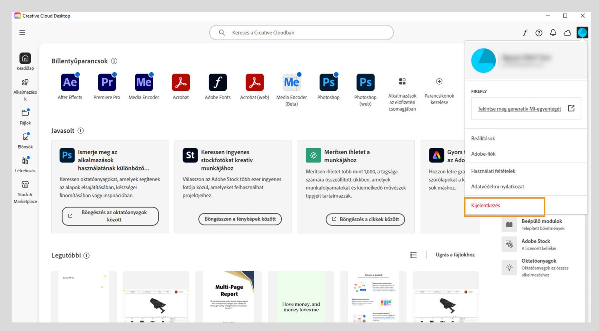 A Creative Cloud asztali alkalmazás kezdőképernyőjén megjelenik a Fiók legördülő menü a Kijelentkezés lehetőséggel. 