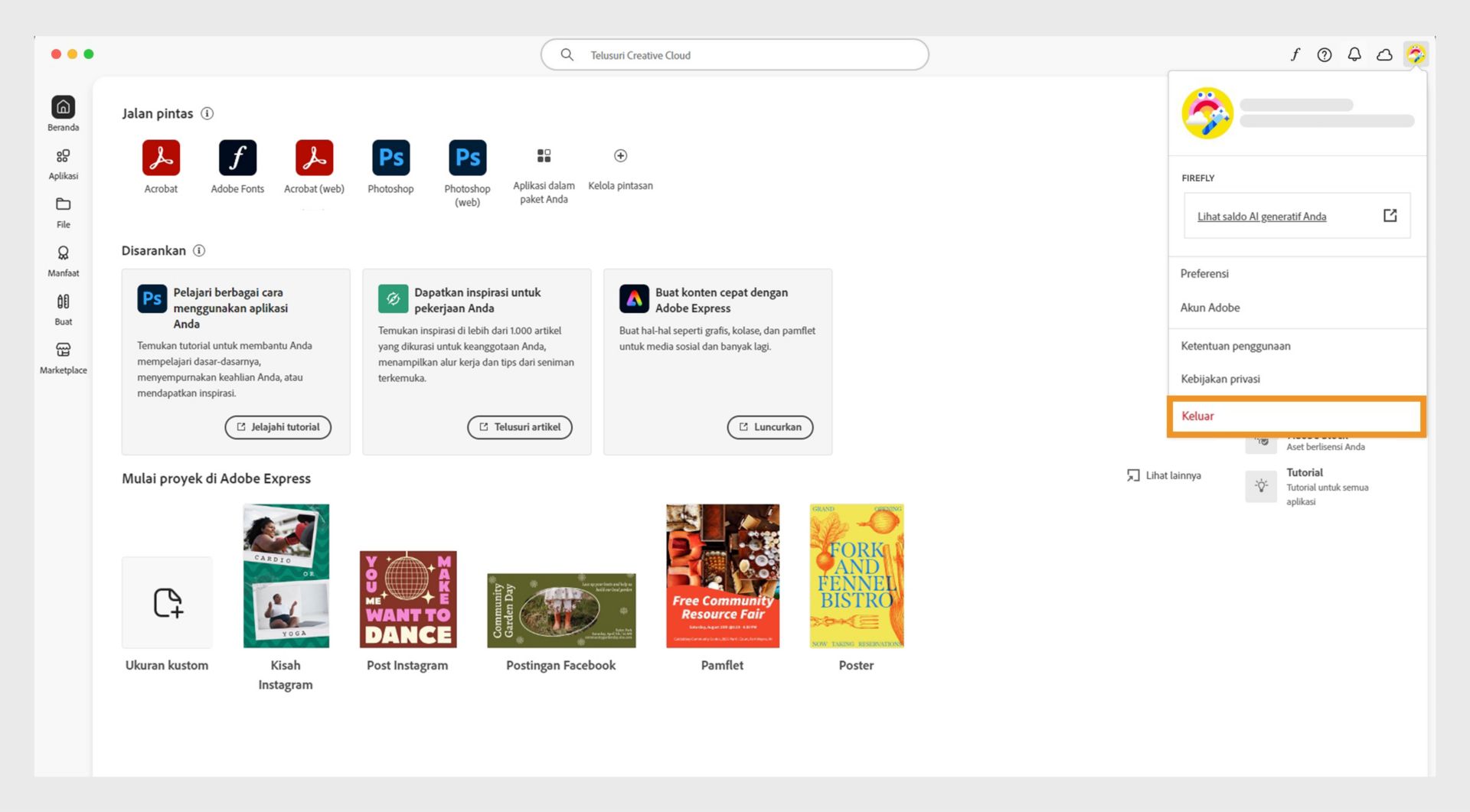 Ikon menu Akun yang tersedia di sudut kanan atas aplikasi desktop Creative Cloud menyediakan opsi untuk logout.